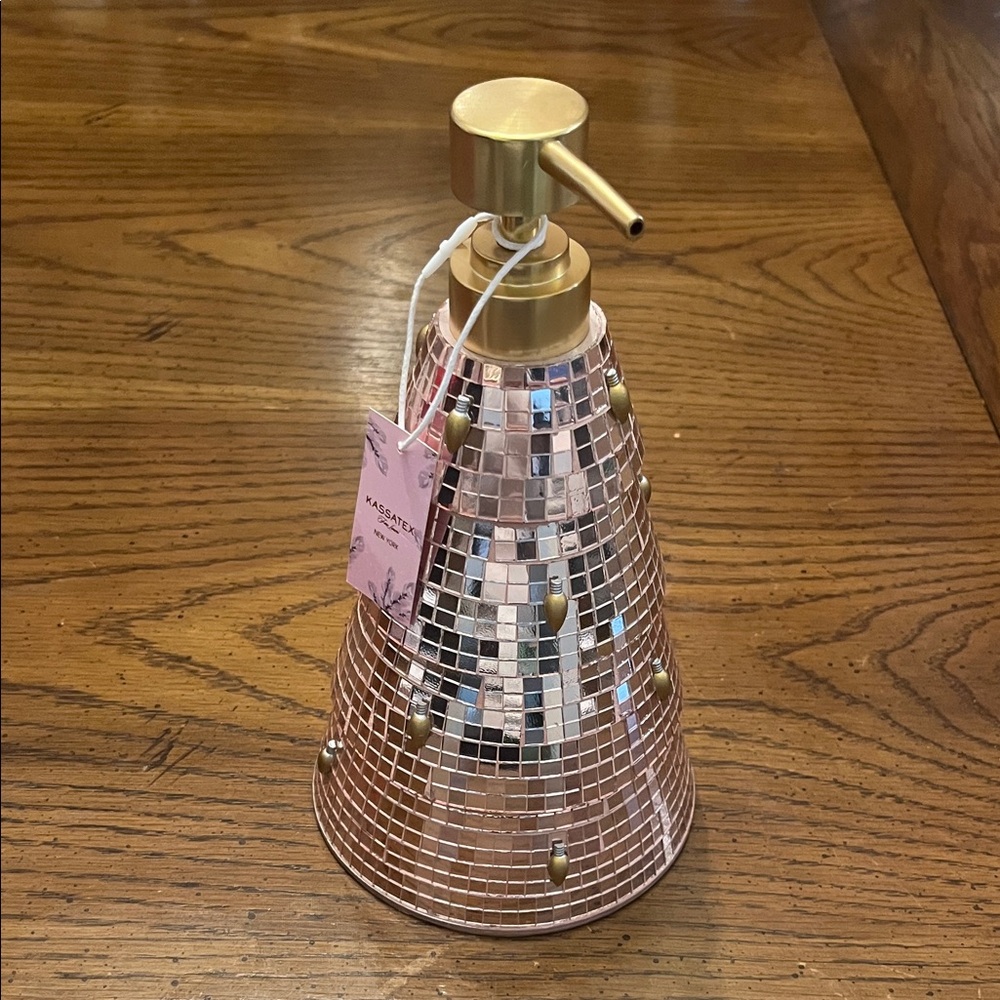 Kassatex disco‎ ball inspired glass soap dispenser with a rose gold finish, new